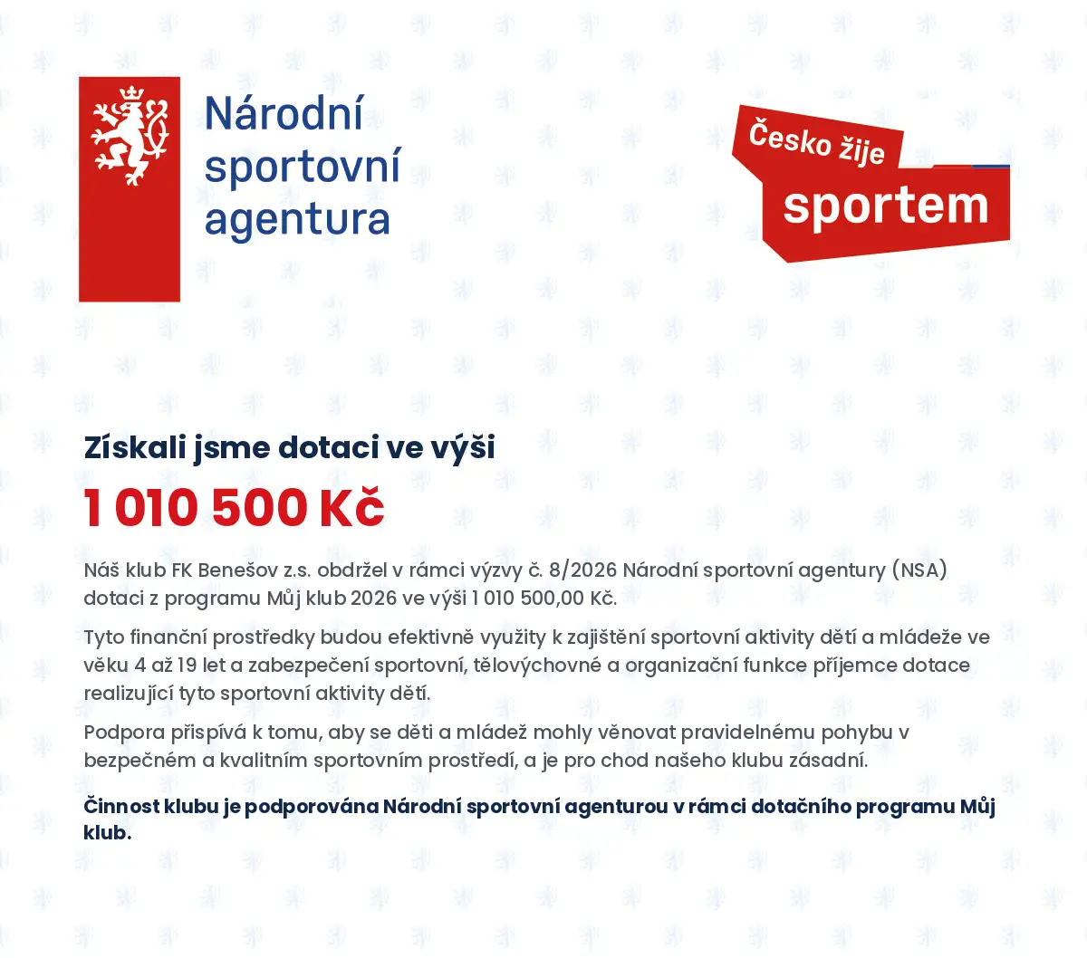 Oznámení o podpoře - Můj klub 2026